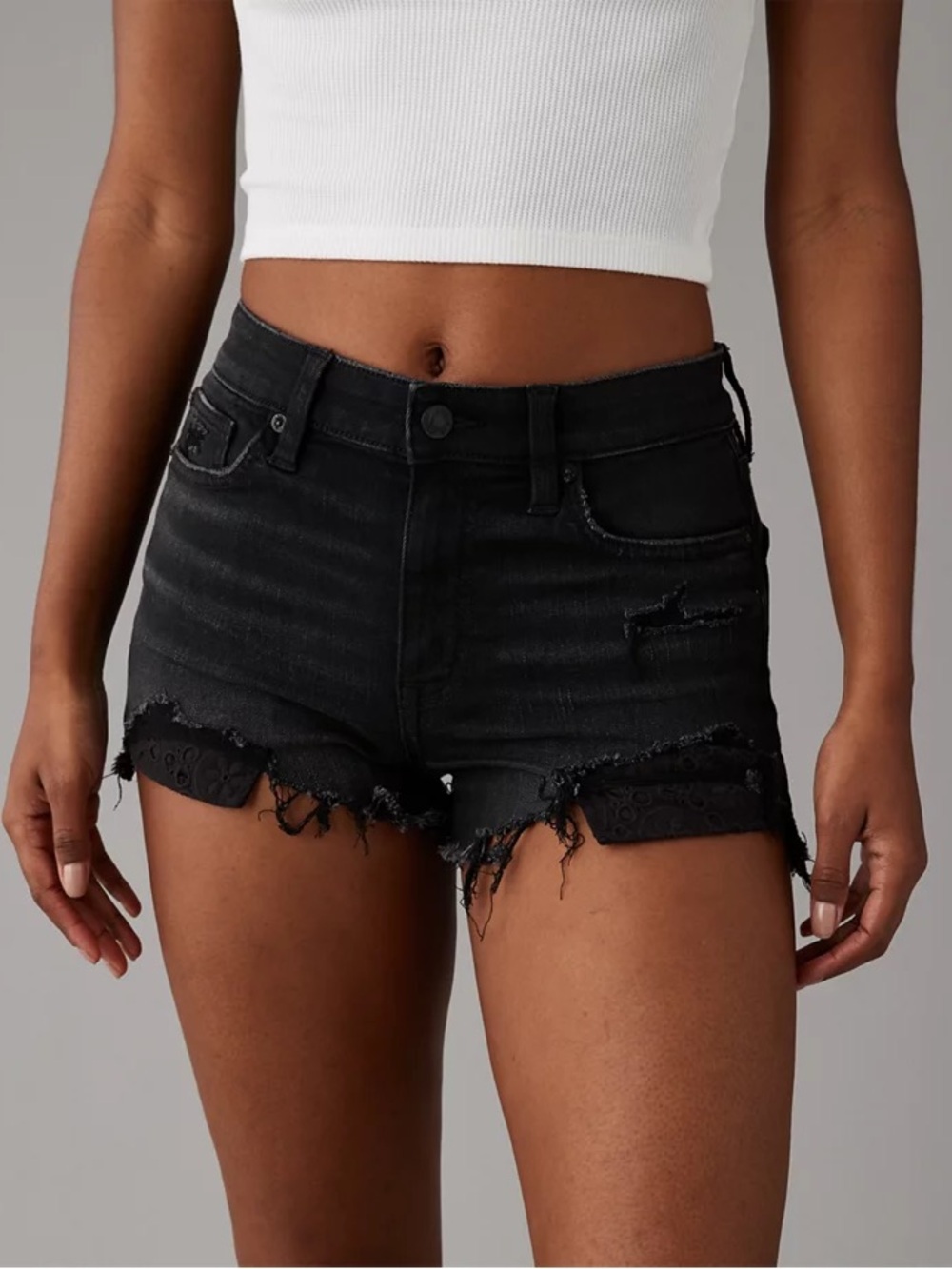 American Eagle Black Distressed High-Rise Denim Shorts